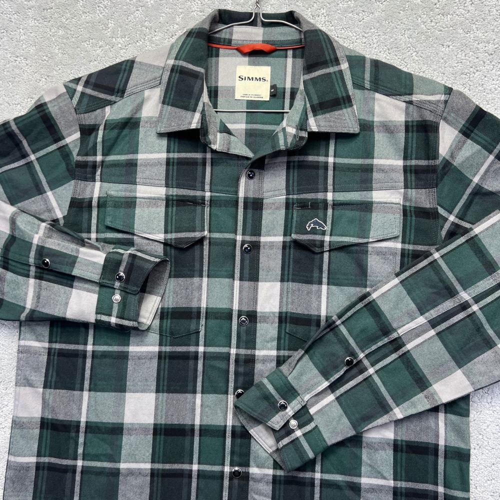 Simms Shirt M Green Plaid Pearl Snap Long‎ Sleeve Rayon Blend Flannel Fishing